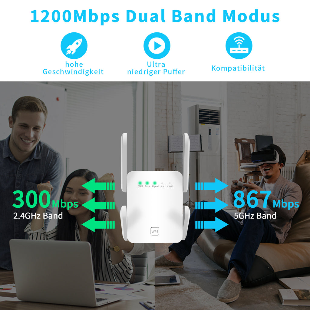 WR1200 Dual Band WiFi Extender | 2.4G & 5G Wireless Repeater | 300Mbps Signal Booster | Access Point (AP) Mode | WPS One-Touch Setup | RJ45 Port for TV/Console